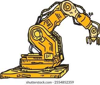 Robot arm colored outline illustration drawing. Simple robotic arm, useful tool in manufacturing process. Smart mechanic device and assembly production instrument. Futuristic construction hand logo.
