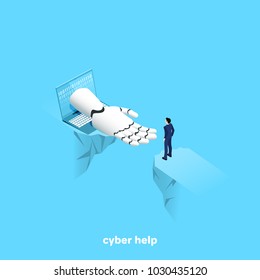 The robot arm coming out of the laptop screen offering help, isometric image
