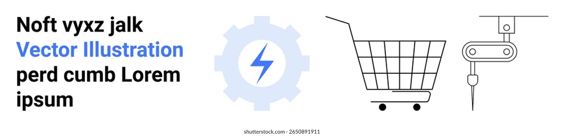 Robot arm coordinates assembling an electric gear beside a shopping cart. Ideal for e-commerce, robotics, industry tech, automation, manufacturing, engineering, machine learning. Banner for landing