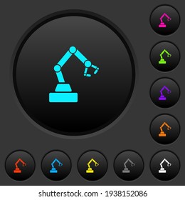 Robot arm dark push buttons with vivid color icons on dark grey background