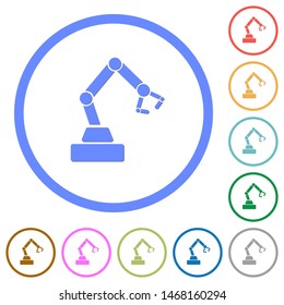 Robot arm flat color vector icons with shadows in round outlines on white background