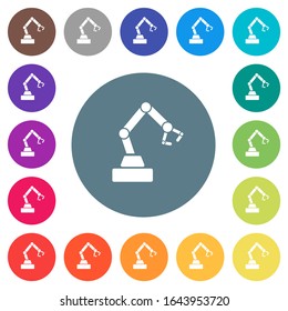 Robot arm flat white icons on round color backgrounds. 17 background color variations are included.