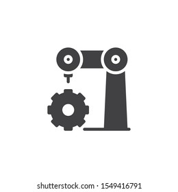 Robot arm and gear vector icon. filled flat sign for mobile concept and web design. Robotic assembly glyph icon. Symbol, logo illustration. Vector graphics