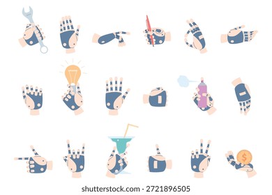Robot arm gestures. Technologies digital hands, robotic arms different positions and signs. Hand pointing, show symbols, hold pen, lamp, recent vector clipart