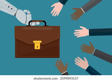 Robot arm give briefcase. Employee hands reach for job or career briefcase, student finding job after graduated or company vacancy. Job seekers hands trying catch business case. recruitment concept.