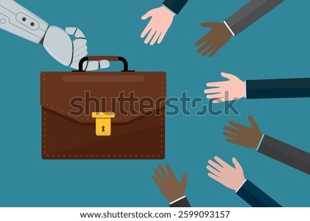 Robot arm give briefcase. Employee hands reach for job or career briefcase, student finding job after graduated or company vacancy. Job seekers hands trying catch business case. recruitment concept.