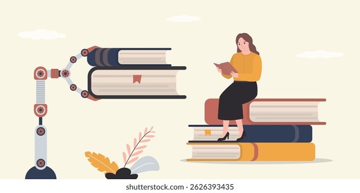 Robot arm give new book. Chat bot search new electronic books for reading. User woman read literature and talking with chatbot, virtual assistant. AI online support for search books technology. vector