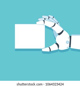 Robot Arm, Hand Holding Card. Vector Illustration.