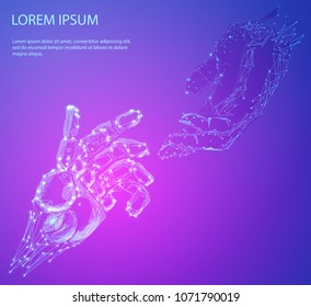 Robot arm and hand human, touch Concept of the future. Illustration can be used for artificial intelligence business banner design. Technological concept. Banner. Low poly vector illustration