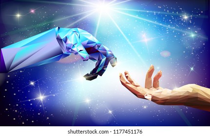 Robot arm and hand human. Touch Technological conceptThe vector illustration "Human and robot hands. Concept of the future. Illustration сan be used for artificial intelligence business banner design
