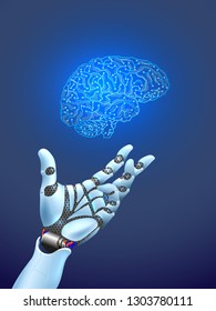 Robot arm and hand human, touch. Illustration can be used for artificial intelligence business banner design. Technological concept. Banner. Low poly vector illustration of a starry sky or Cosmos