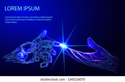 Robot arm and hand human, touch. Illustration can be used for artificial intelligence business banner design. Technological concept. Banner. Low poly vector illustration of a starry sky or Comos. 