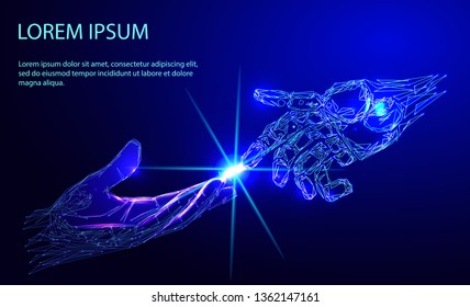 Robot arm and hand human, touch. Illustration can be used for artificial intelligence business banner design. Technological concept. Banner. Low poly vector illustration of a starry sky or Comos. 