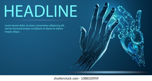 Robot Arm And Hand Human, Touch. Illustration Can Be Used For Artificial Intelligence Business Banner Design. Technological Concept. Banner. Low Poly Vector Illustration Of A Starry Sky Or Cosmos. 