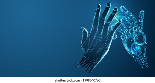 Robot Arm And Hand Human, Touch. Illustration Can Be Used For Artificial Intelligence Business Banner Design. Technological Concept. Banner. Low Poly Vector Illustration Of A Starry Sky Or Comos. 