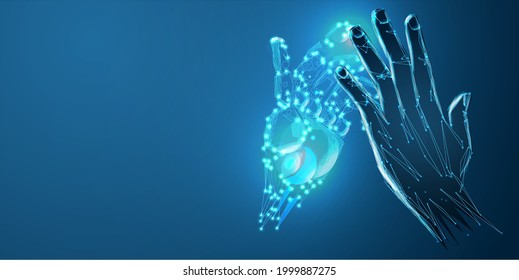 Brazo robot y mano humana, tacto. La ilustración se puede utilizar para el diseño de banners de negocios de inteligencia artificial. Concepto tecnológico. Cartel. Ilustración vectorial de baja polilla de un cielo estrellado o Comos. 