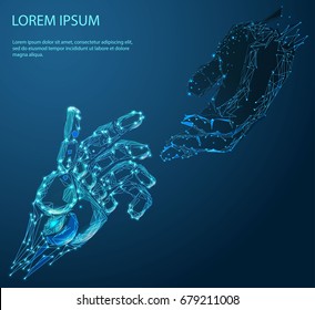 Robot Arm And Hand Human, Touch. Illustration Can Be Used For Artificial Intelligence Business Banner Design. Technological Concept. Low Poly Vector Illustration