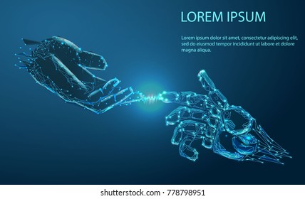 Robot arm and hand human, touch. Illustration can be used for artificial intelligence business banner design. Technological concept. Banner. Low poly vector illustration of a starry sky or Cosmos.