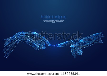 Robot arm and hand human. Touch Technological concept. Low poly blue. Polygonal abstract health illustration. Low poly vector illustration of a starry sky or Cosmos. Vector image in RGB Color mode.