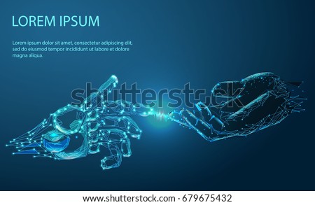 Robot arm and hand human, touch. Illustration can be used for artificial intelligence business banner design. Technological concept. Banner. Low poly vector illustration of a starry sky or Cosmos