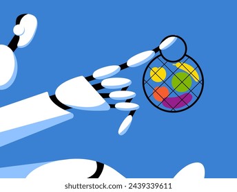 Robot arm hold Eco-bags with vegetables. Reusable grocery bag with Zero waste. Flat vector illustration.