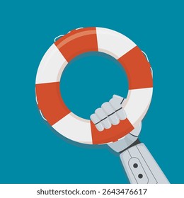 Robot arm holding lifebuoy. Insurance, emergency service. Symbol of help or support for survival. Chat bot for help users. Online support with ai chatbot. flat vector illustration