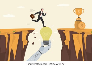 Robot arm holding light bulb bridging gap for businessman running across cliff. Business support. Ai chat bot helping human overcome obstacles. Neural networks help people. flat vector illustration