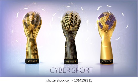 Robot Arm holding Planet. Golden Rewards for First Place. Tournament Prizes. Banner for Cyber Sport. Virtual Computer Games. Realistic Cups. 3d. Gold and Black Color. Robotic Hand.