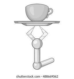 Robot arm holding tray with mug of tea icon in black monochrome style isolated on white background. Technology symbol vector illustration