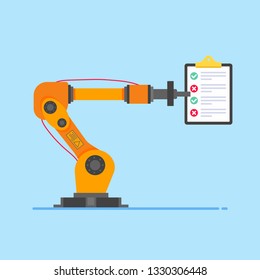Robot arm holds clipboard with text and check marks flat style design vector illustration isolated on light blue background. Robot arm or hand. Industrial robot manipulator. Modern smart industry 4.0 