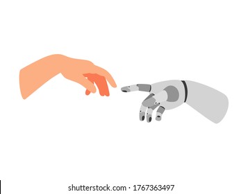 Robot Arm And Human. Cartoon Bionic Hand Poster, Futuristic Arms Touch, Gesture Of Cooperation People And Robots, Vector Illustration Prosthetic Technology Isolated On White Backgro