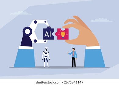 A robot arm and a human hand are connecting puzzle pieces, one with "AI" and the other with a light bulb, symbolizing a collaborative idea 2d flat vector illustration