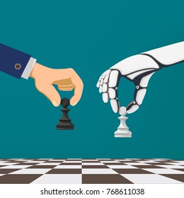 Robot arm and human hand holding a chess pawn. Artificial Intelligence. Stock vector cartoon illustration