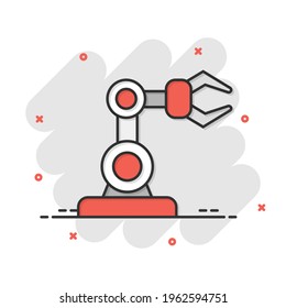 Roboter Arm Symbol im Comic-Stil. Mechanischer Manipulator, Vektorgrafik auf weißem, isoliertem Hintergrund. Geschäftskonzept Maschinenspritzeffekt