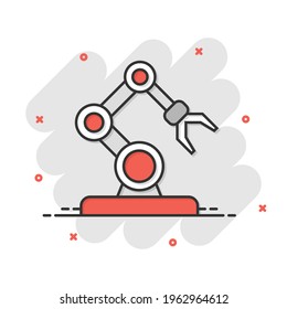 Robot arm icon in comic style. Mechanic manipulator cartoon vector illustration on white isolated background. Machine splash effect business concept.