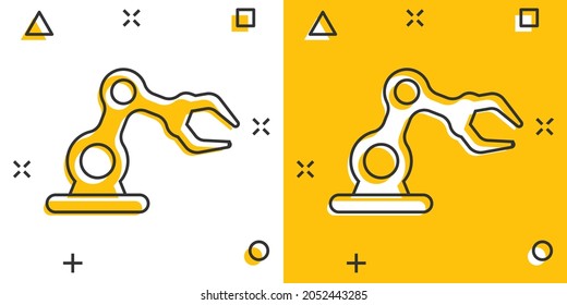 Robot arm icon in comic style. Mechanic manipulator cartoon vector illustration on white isolated background. Machine splash effect business concept.