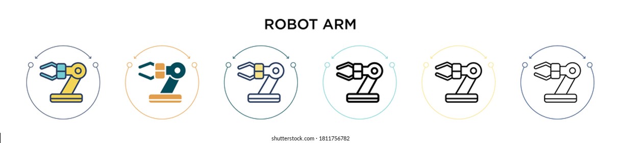 Robot arm icon in filled, thin line, outline and stroke style. Vector illustration of two colored and black robot arm vector icons designs can be used for mobile, ui, web