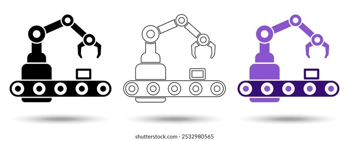 Ícone do braço robô. Ícone de braço robô em um fundo branco, isolado. O ícone tem três usos em aplicativos e sites. Ilustração vetorial. Ícone de braço robô em um fundo branco.