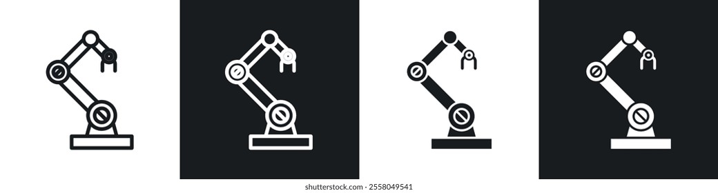 Robot arm icons pack in black and white filled and outlined versions.