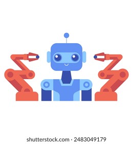 Robot arm in industrial automation technology logo design. Smart industrial revolution 4.0 in factory process, Isolated flat illustration. High Tech Industrial vector infographic