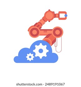 Robot arm in industrial automation technology logo design. Smart industrial revolution 4.0 in factory process, Isolated flat illustration. High Tech Industrial vector infographic