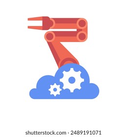 Robot arm in industrial automation technology logo design. Smart industrial revolution 4.0 in factory process, Isolated flat illustration. High Tech Industrial vector infographic
