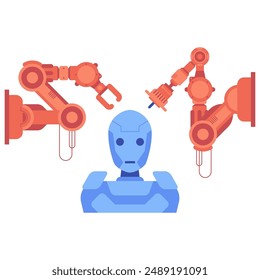 Robot arm in industrial automation technology logo design. Smart industrial revolution 4.0 in factory process, Isolated flat illustration. High Tech Industrial vector infographic