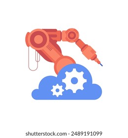 Robot arm in industrial automation technology logo design. Smart industrial revolution 4.0 in factory process, Isolated flat illustration. High Tech Industrial vector infographic