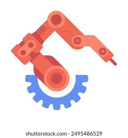 Robot arm in industrial automation technology logo design. Smart industrial revolution 4.0 in factory process, Isolated flat illustration. High Tech Industrial vector infographic