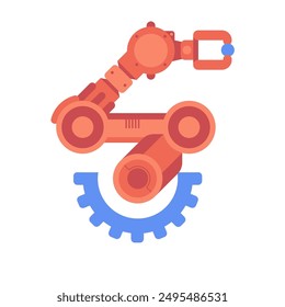 Robot arm in industrial automation technology logo design. Smart industrial revolution 4.0 in factory process, Isolated flat illustration. High Tech Industrial vector infographic