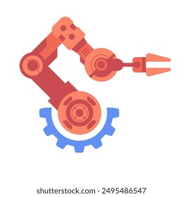 Robot arm in industrial automation technology logo design. Smart industrial revolution 4.0 in factory process, Isolated flat illustration. High Tech Industrial vector infographic