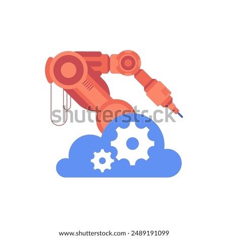 Robot arm in industrial automation technology logo design. Smart industrial revolution 4.0 in factory process, Isolated flat illustration. High Tech Industrial vector infographic