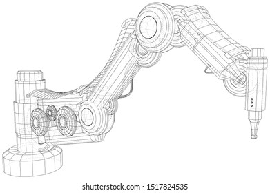 Robot arm, industrial machinery. Technical illustration wire-frame. Vector rendering of 3d.