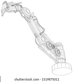 Robot arm, industrial machinery. Technical illustration wire-frame. Vector rendering of 3d.